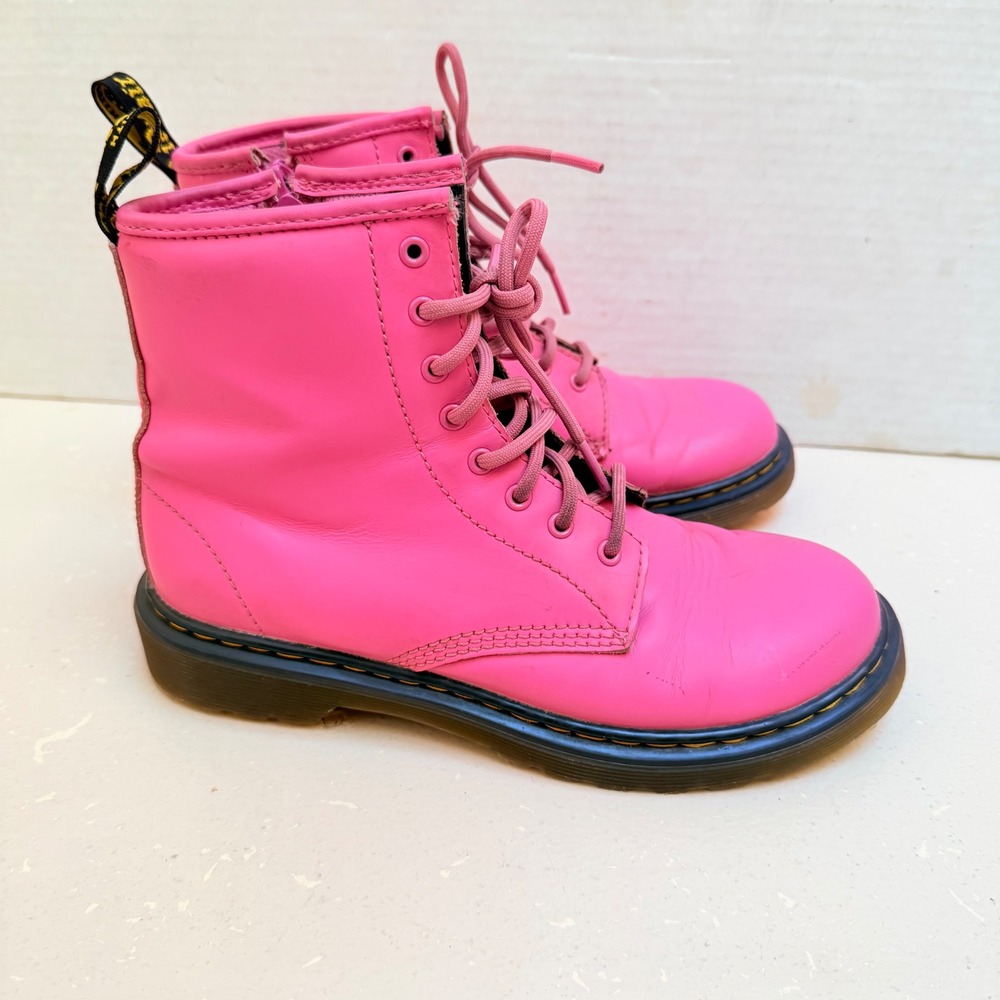 Dr. Martens Delaney Hot Pink Leather Lace Up Side Zip Combat Boots Womens 5